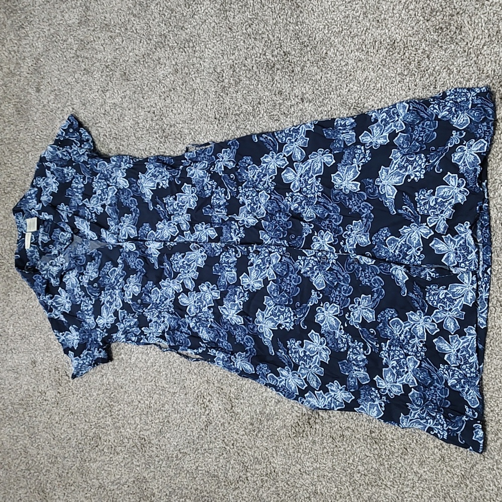 Vintage White Stag Blue Floral Button Front Short Sleeve Maxi w Tie Waist